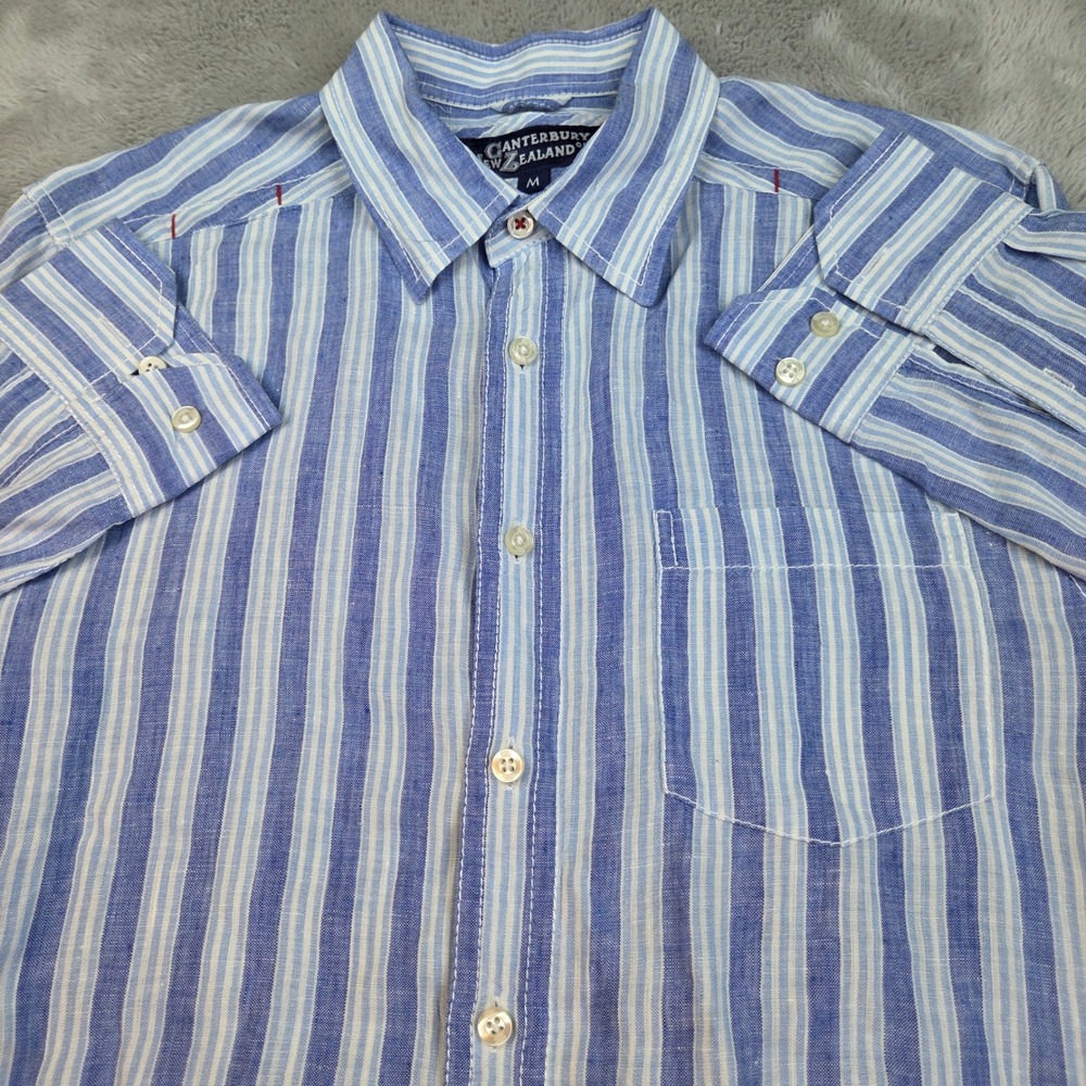 Canterbury of New Zealand Striped Linen Button Down Shirt Mens M‎ Blue White